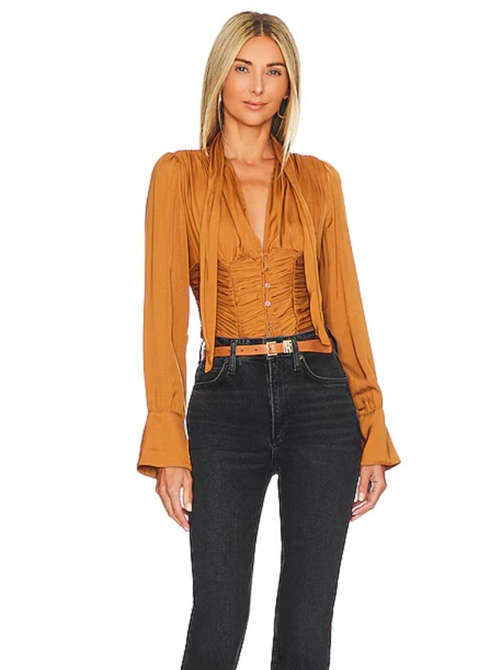 FREE PEOPLE Meet Me There Orange Ruched Plunge Neck Button Down Blouse, Size XS